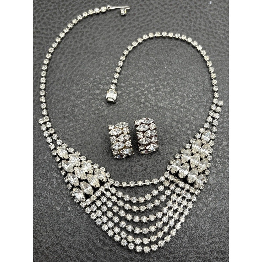 VTG WEISS Crystal Drape Bib Rhinestone Necklace with Earrings Lot Silver Tone